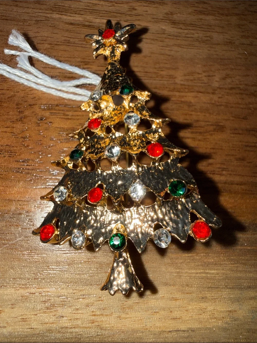 Gold Christmas Tree Pendant Necklace with Red, Green and Clear Stones